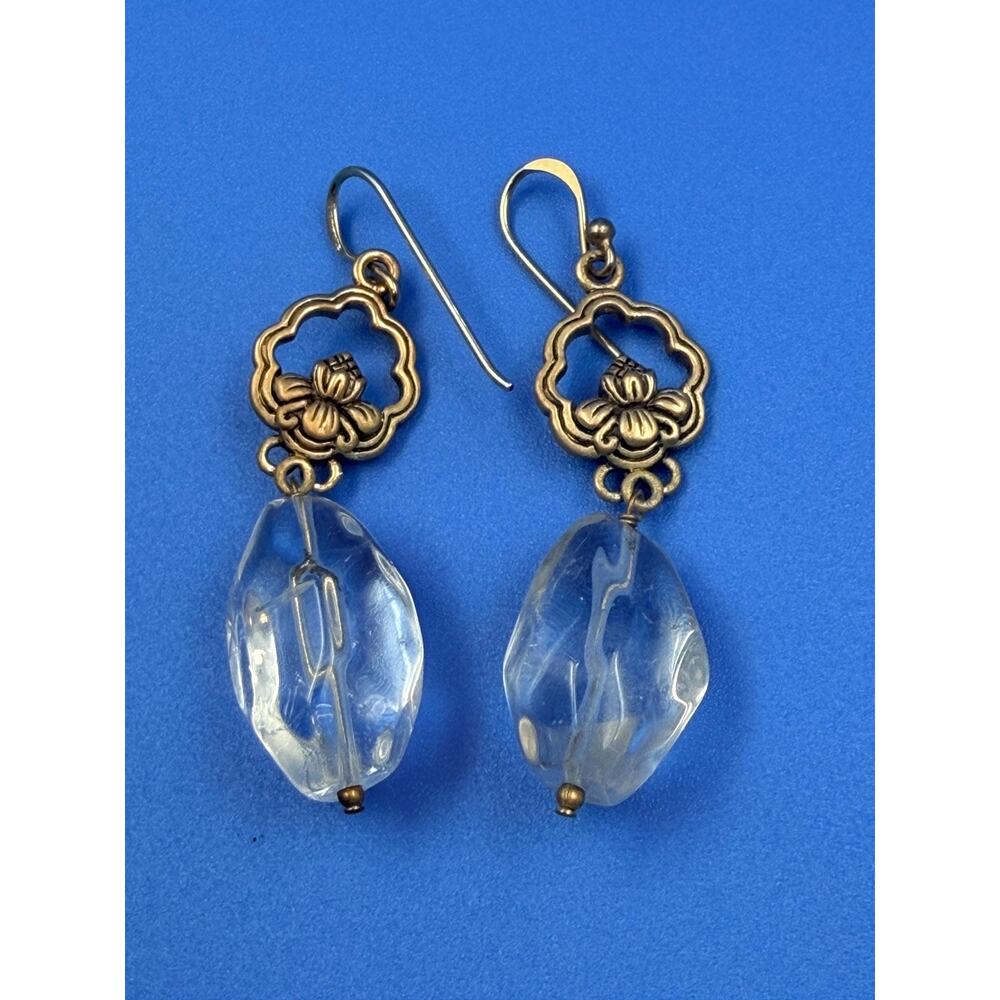 Vintage Barse Thailand Sterling Silver Lotus Flower Quartz Drop Earrings